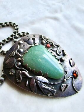 OOAK Arts & Crafts style vintage necklace with large aventurine & smaller stones